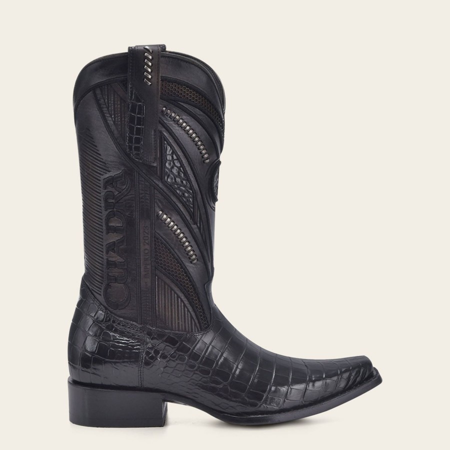 Clearance Cuadra Engraved High Exotic Black Leather Boot