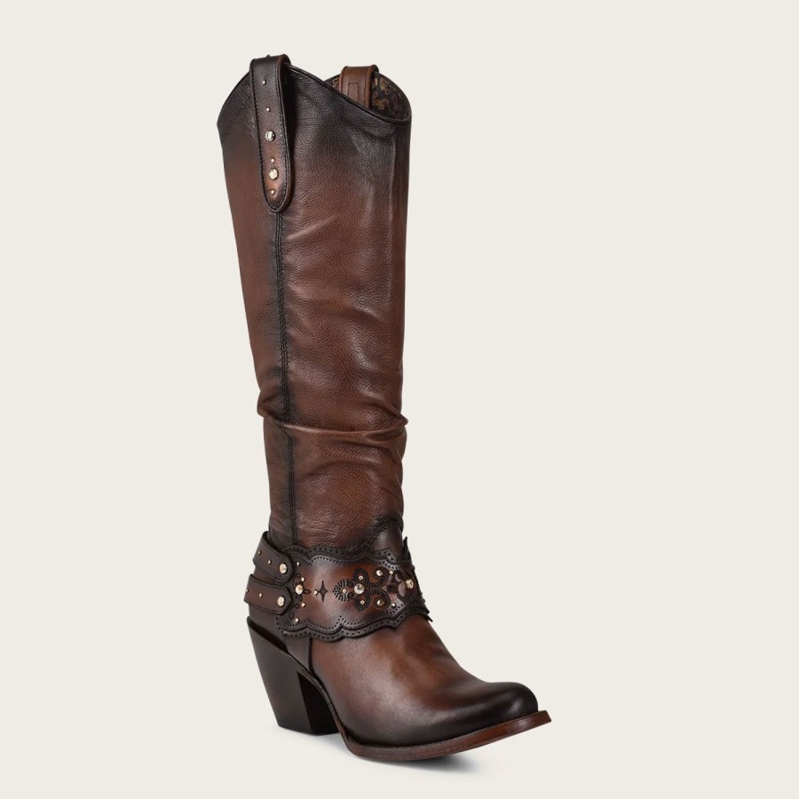 Hot Cuadra Hand-Painted Brown Leather Boot With Austrian Crystals