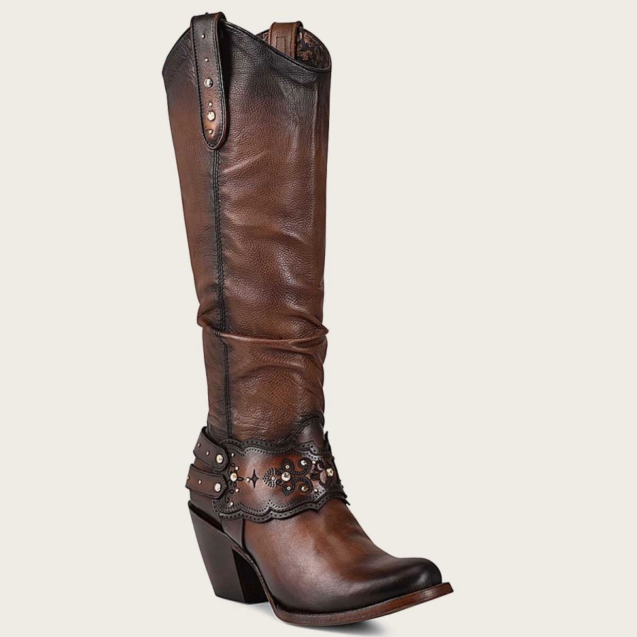 Hot Cuadra Hand-Painted Brown Leather Boot With Austrian Crystals