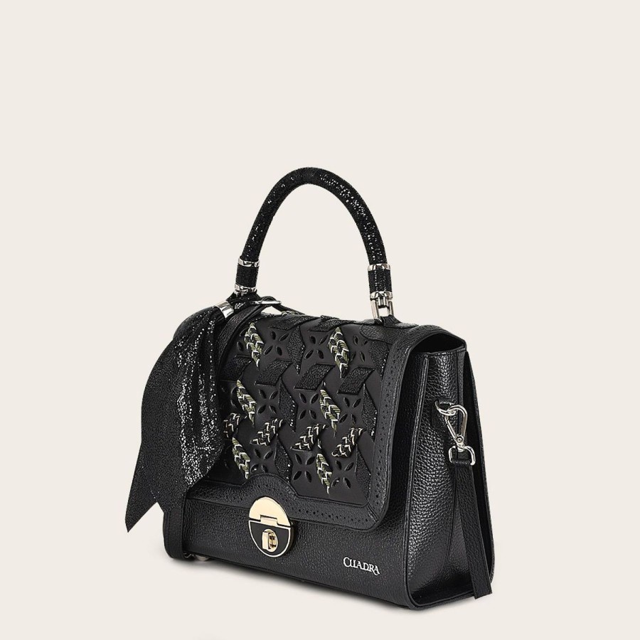 Wholesale Cuadra Printed Black Leather Satchel Bag