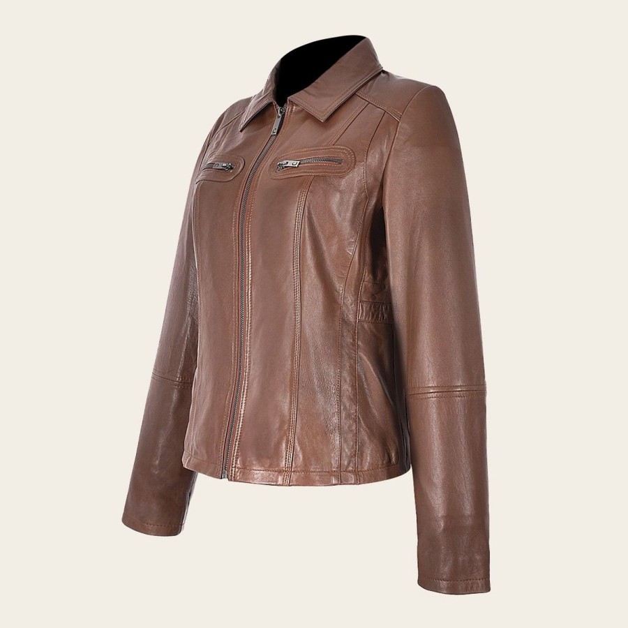 Wholesale Cuadra Womens Honey Leather Jacket With Decorative Pockets