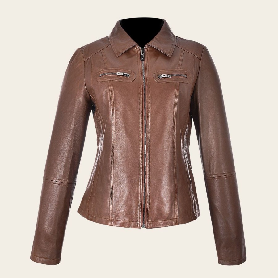 Wholesale Cuadra Womens Honey Leather Jacket With Decorative Pockets