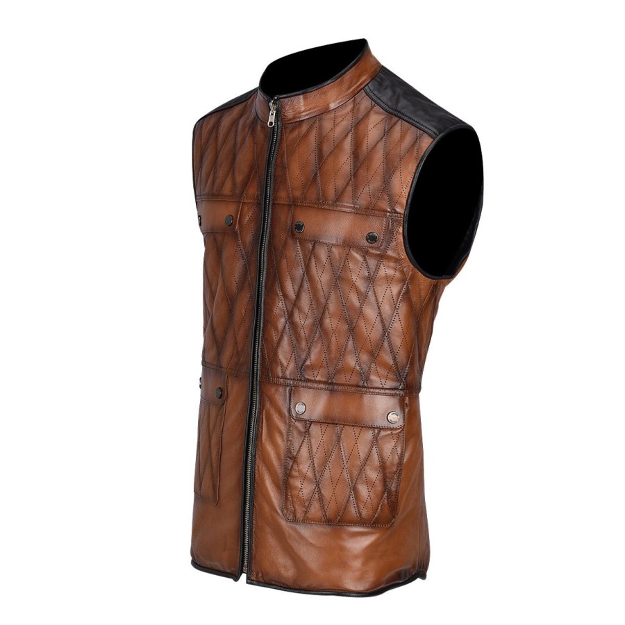 Hot Cuadra Mens Doble View Brown Leather Vest