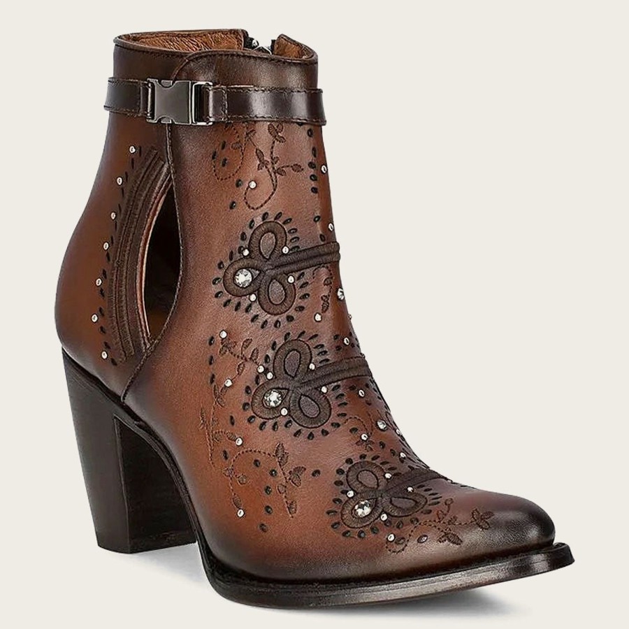 Wholesale Cuadra Brown Perforated And Embroidery Bootie With Crystals