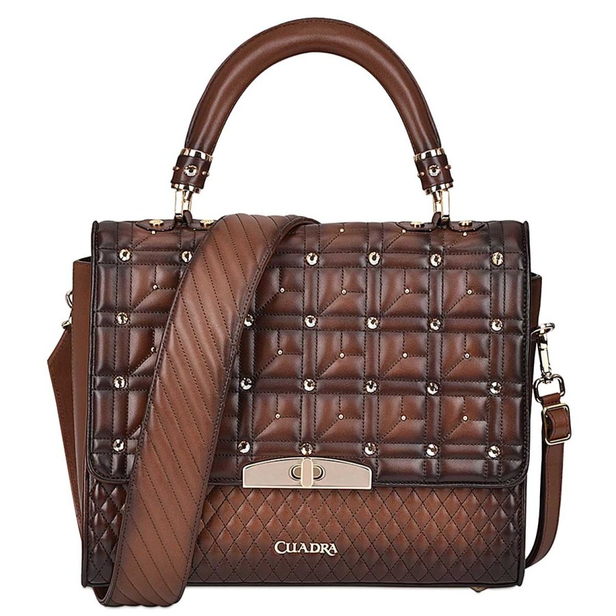 New Cuadra Honey Leather Quilted Embroidery Handbag With Austrian Crystals