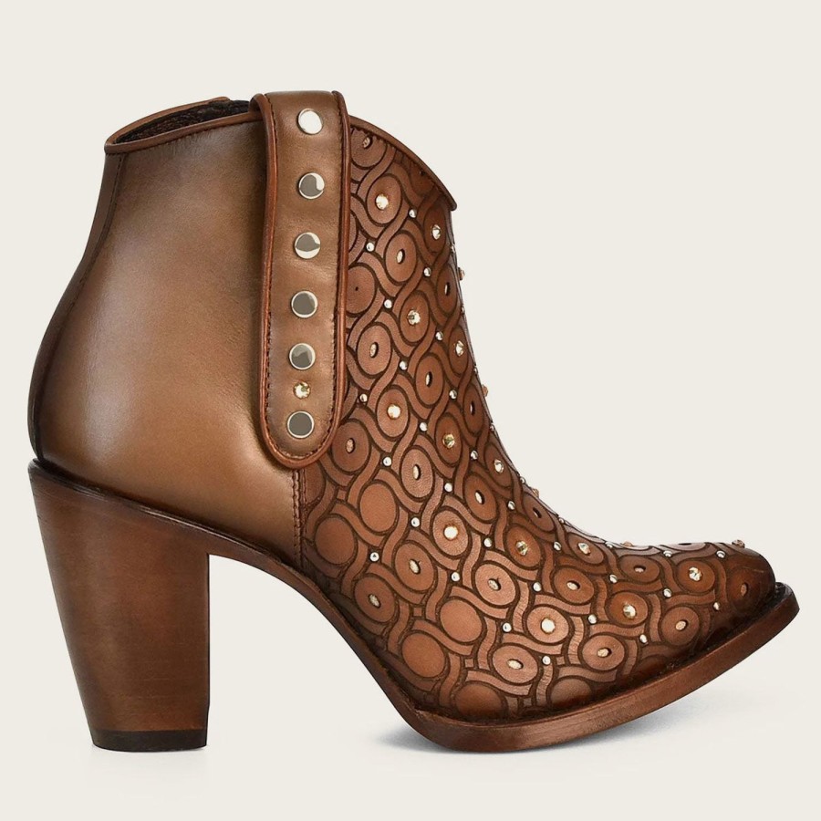 Hot Cuadra Handwoven Brown Leather Bootie With Austrian Crystals