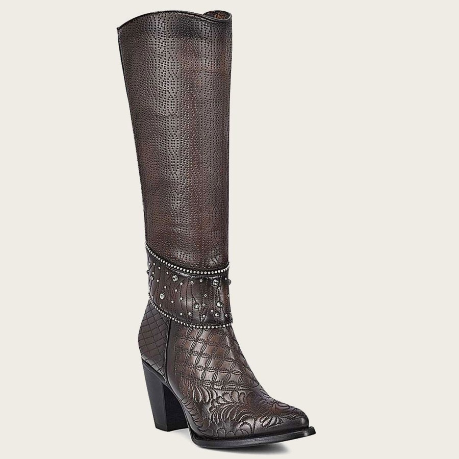 New Cuadra Embroidered Dark Brown Leather Boot With Austrian Crystals