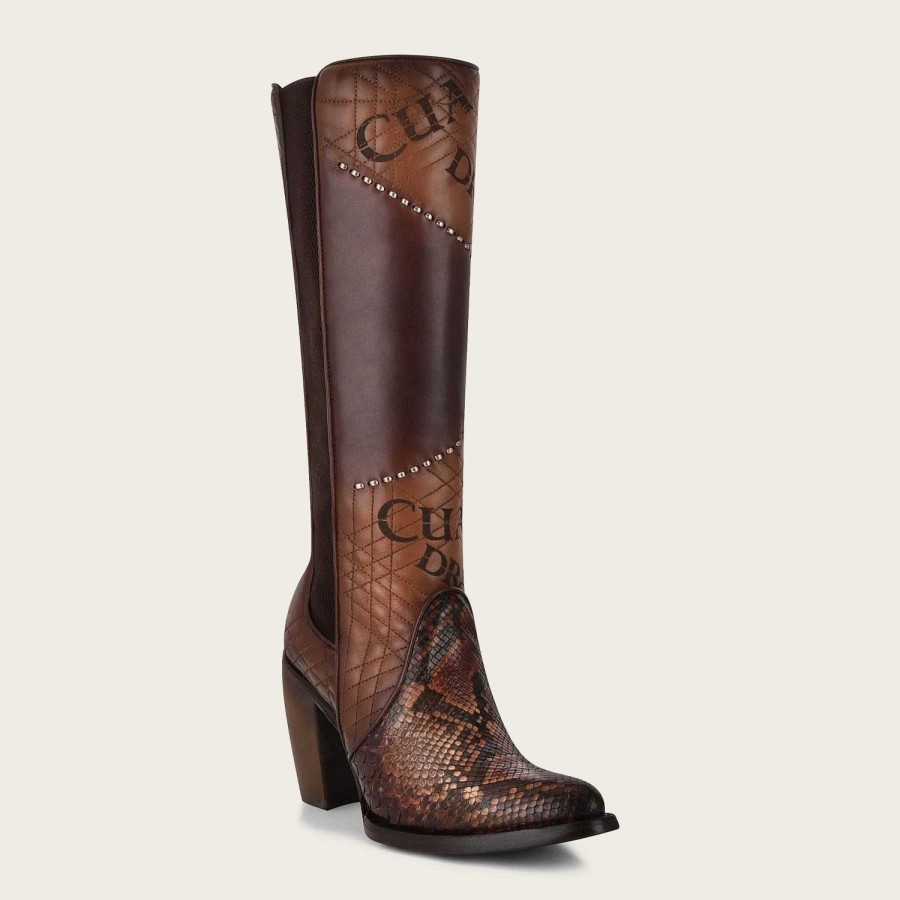 Hot Cuadra Genuine Python Brown Leather Boot With Laser Engraved Details