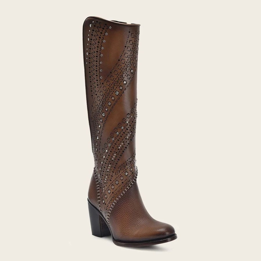 Best Cuadra Decorated Brown Leather Tall Boot With Perforations