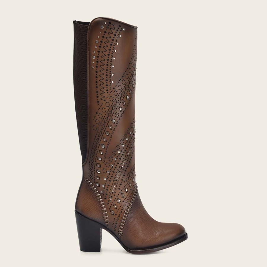 Best Cuadra Decorated Brown Leather Tall Boot With Perforations