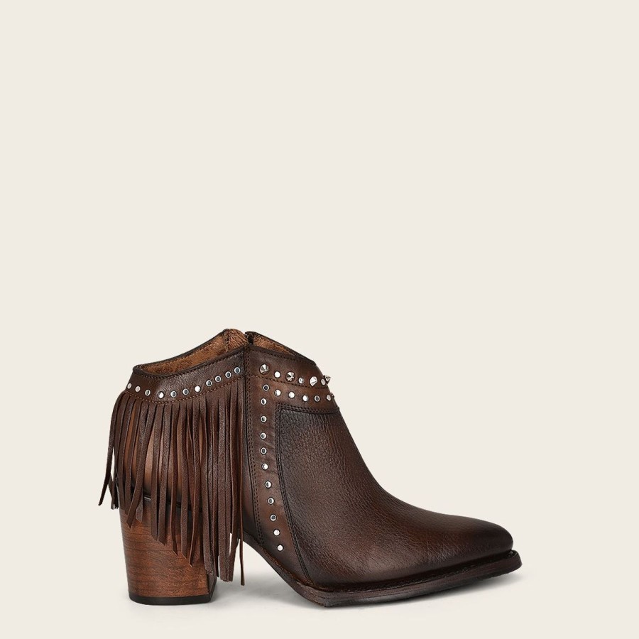 Clearance Cuadra Brown Leather Bootie With Metal Studs And Leather Fringes