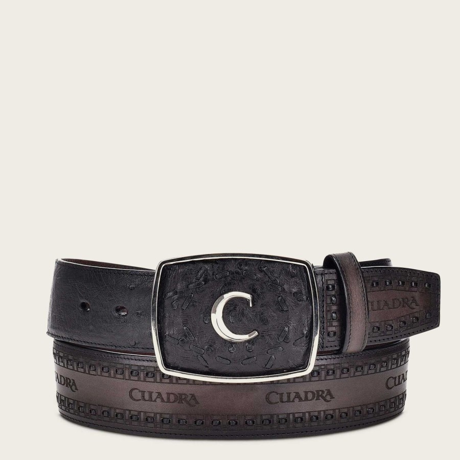 New Cuadra Engraved Black Ostrich Leather Western Belt