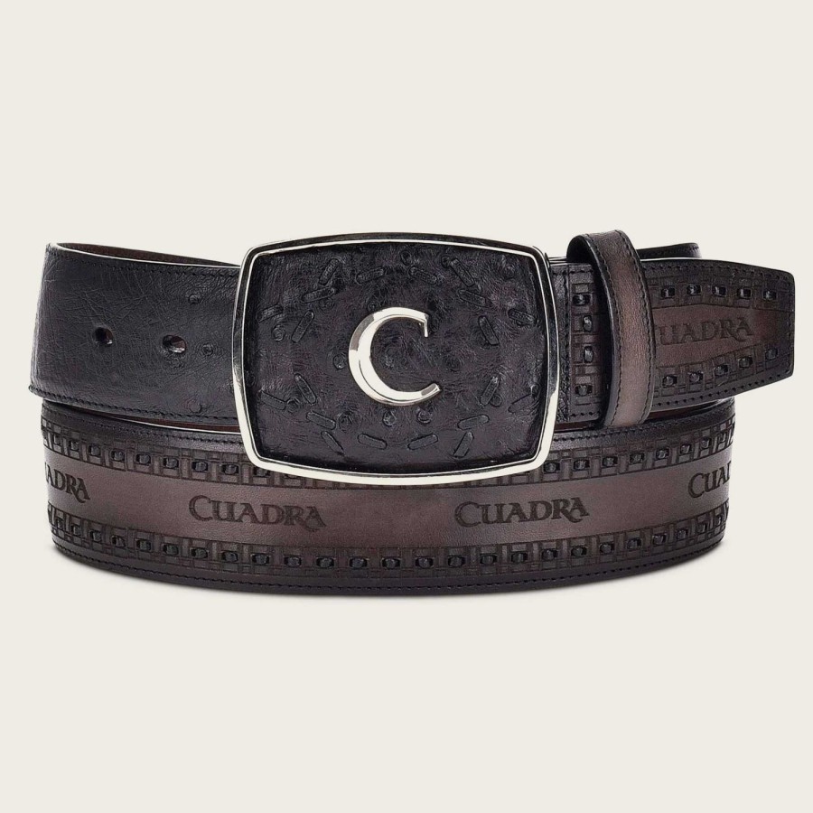 New Cuadra Engraved Black Ostrich Leather Western Belt