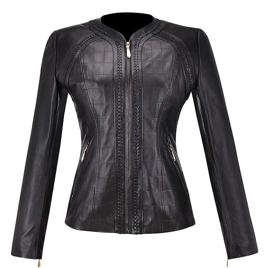 Hot Cuadra Womens Black Leather Shearling Jacket