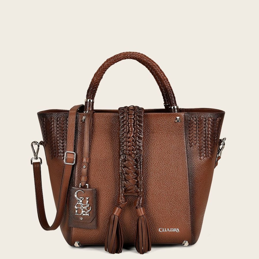 Wholesale Cuadra Brown Leather Tote Bag With Handmade Fabric Application