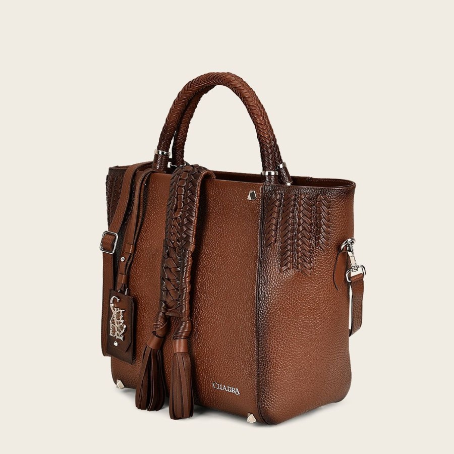 Wholesale Cuadra Brown Leather Tote Bag With Handmade Fabric Application