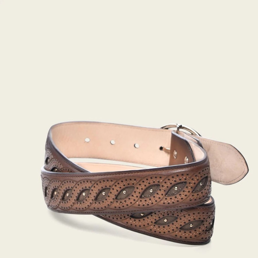 Hot Cuadra Embroidered Brown Leather Belt With Braided Detail