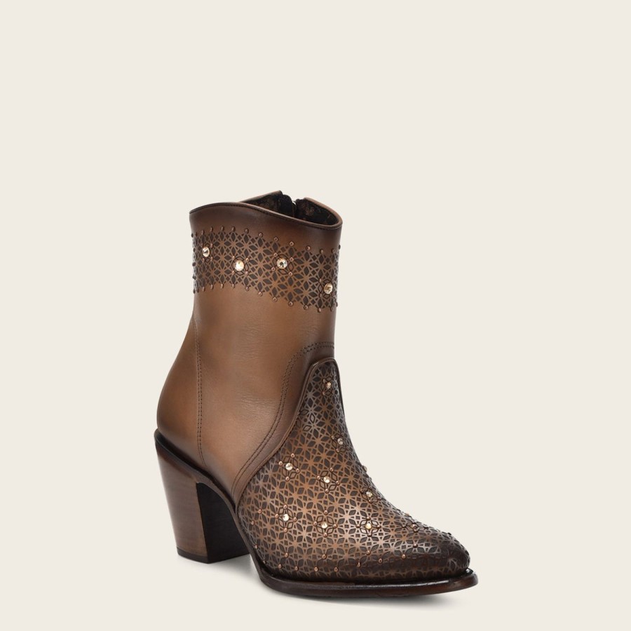 New Cuadra Perforated Honey Brown Leather Ankle Bootie With Austrian Crystals