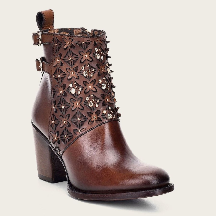 Clearance Cuadra Perforated Brown Leather Bootie With Austrian Crystals