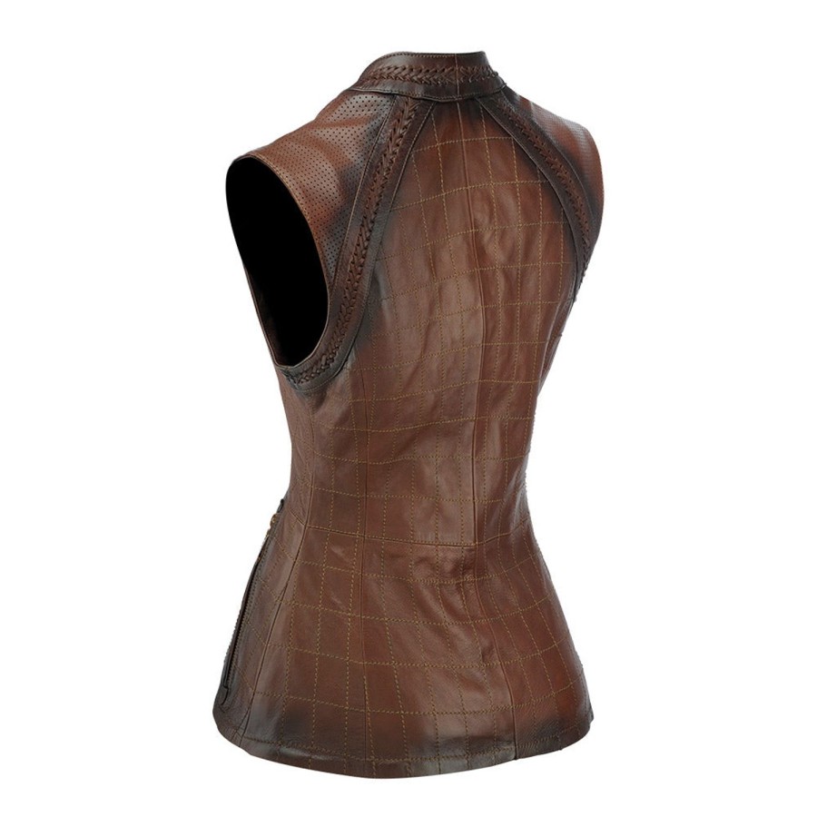 Online Cuadra Checkered Embroidered Brown Leather Vest