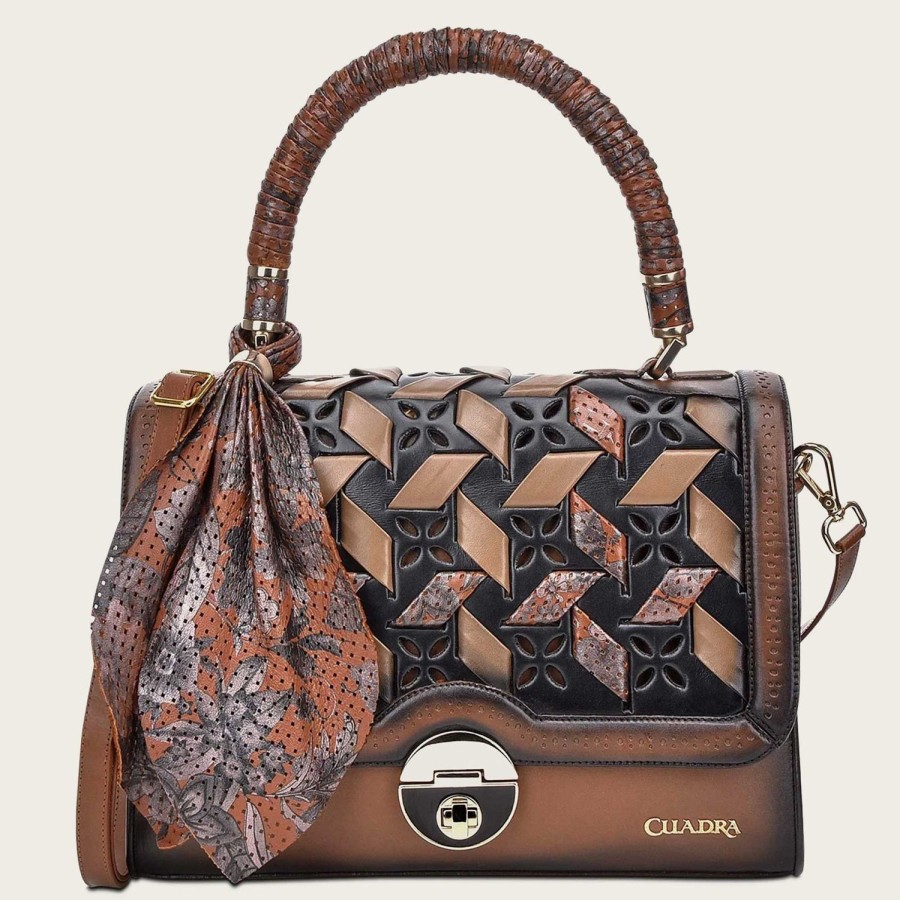 Wholesale Cuadra Printed Brown Leather Satchel Bag