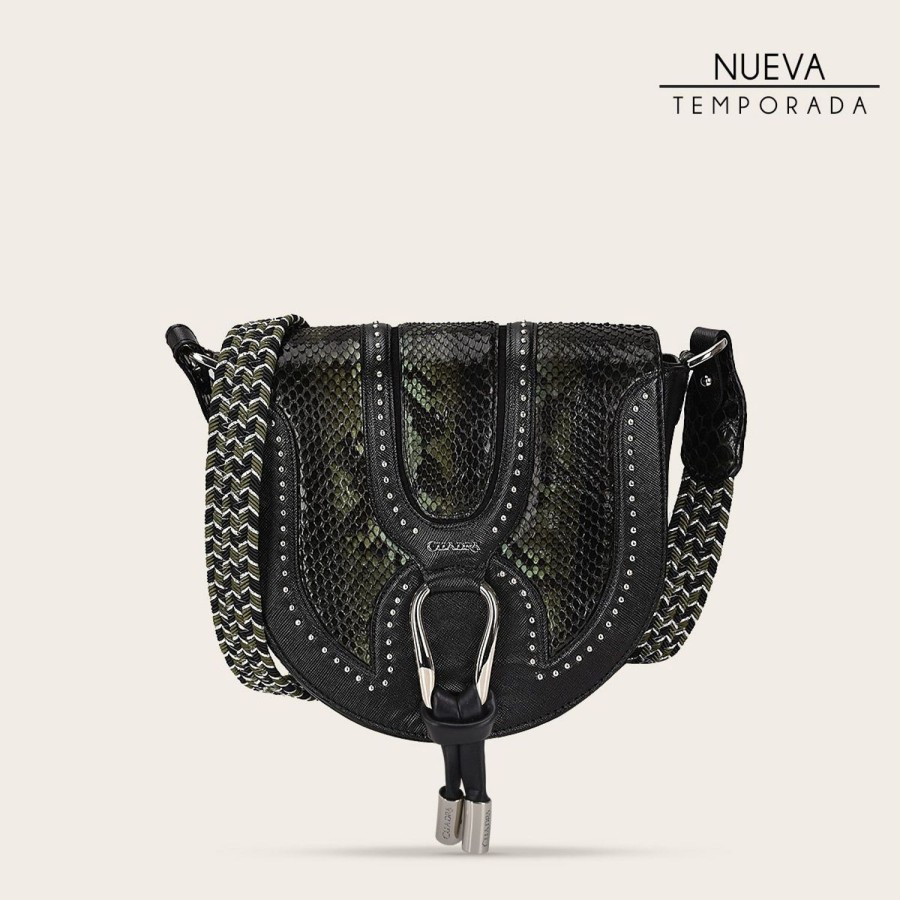 Hot Cuadra Dark Green Exotic Leather Crossbody Bag With Studs