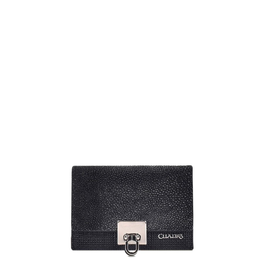 Online Cuadra Engraved Black Leather Trifold Wallet