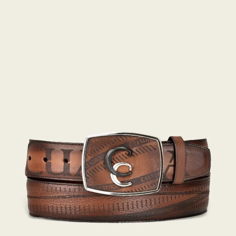 Clearance Cuadra Engraved Honey Brown Leather Western Belt With Cuadra Black And Silver Monogram