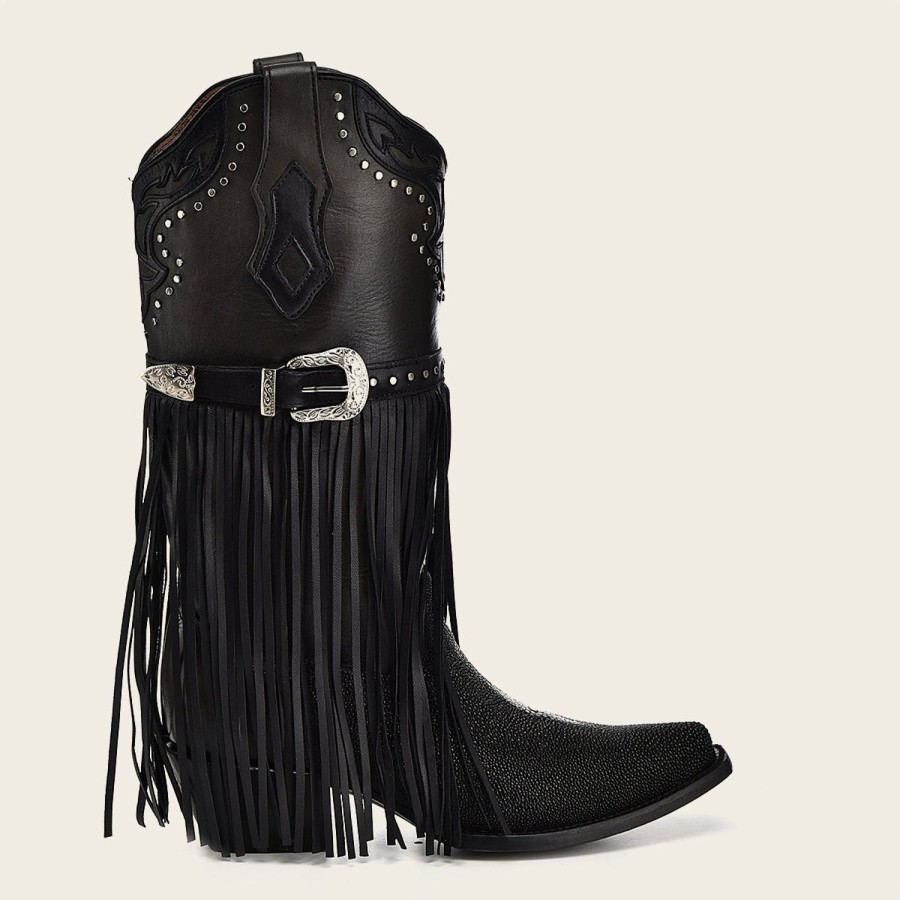 Wholesale Cuadra Black Exotic Leather Fringed Cowboy Boot