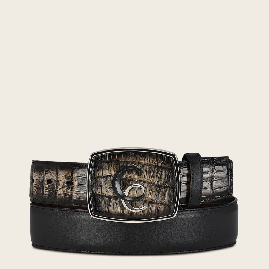 Hot Cuadra Hand-Painted Black Exotic Leather Western Belt With Double Metal Insert