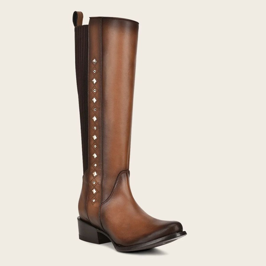 Wholesale Cuadra Brown High Boot With Laser Engraving And Studs