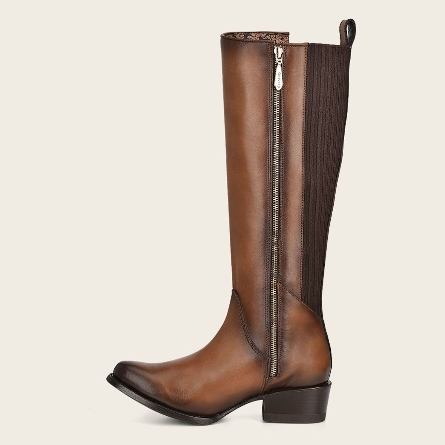 Wholesale Cuadra Brown High Boot With Laser Engraving And Studs