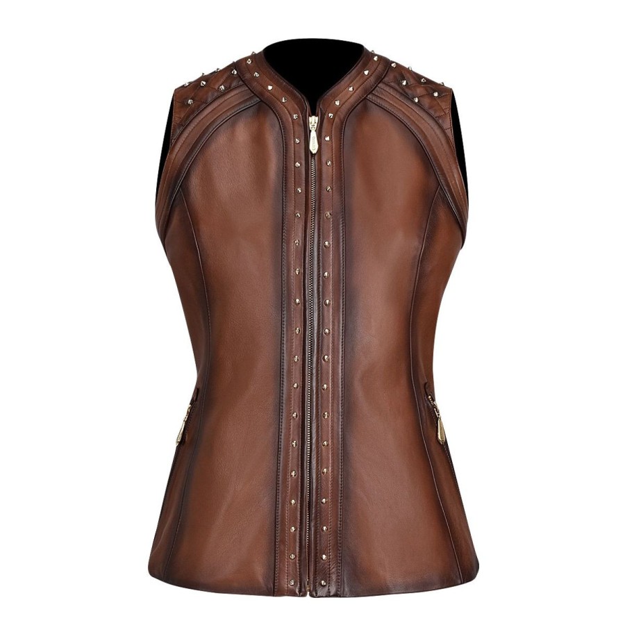 Wholesale Cuadra Womens Shoulder Pads Brown Leather Vest