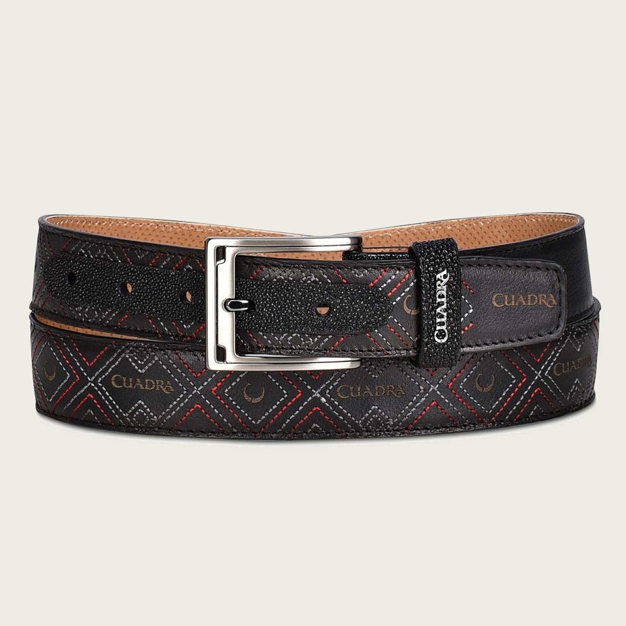 New Cuadra Embroidered Black Leather Belt